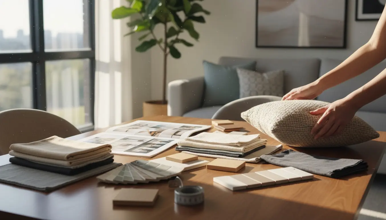 Hænder arrangerer stofprøver og farveprøver på et bord foran en solbeskinnet, stilfuld stue.