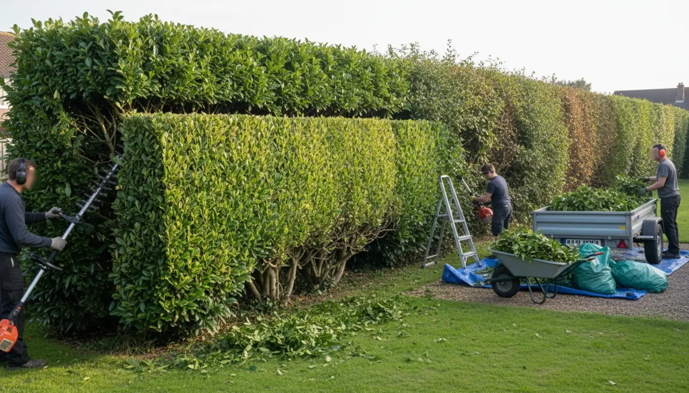 Havemand trimmer en lang laurbærhæk, mens afklip samles i trailer og trillebør.