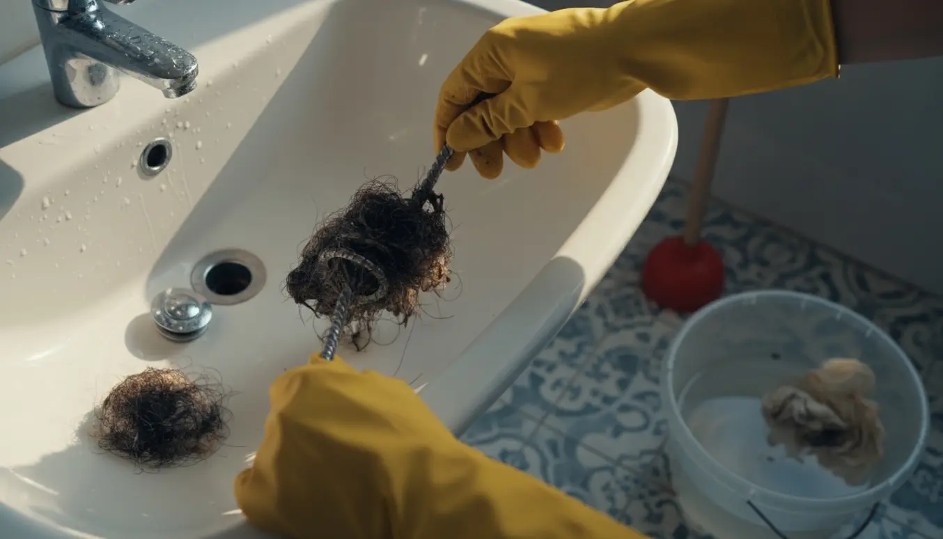 Hænder i gule handsker trækker en klump hår og snavs op fra et tilstoppet afløb med afløbsrenser og plunger ved siden af.