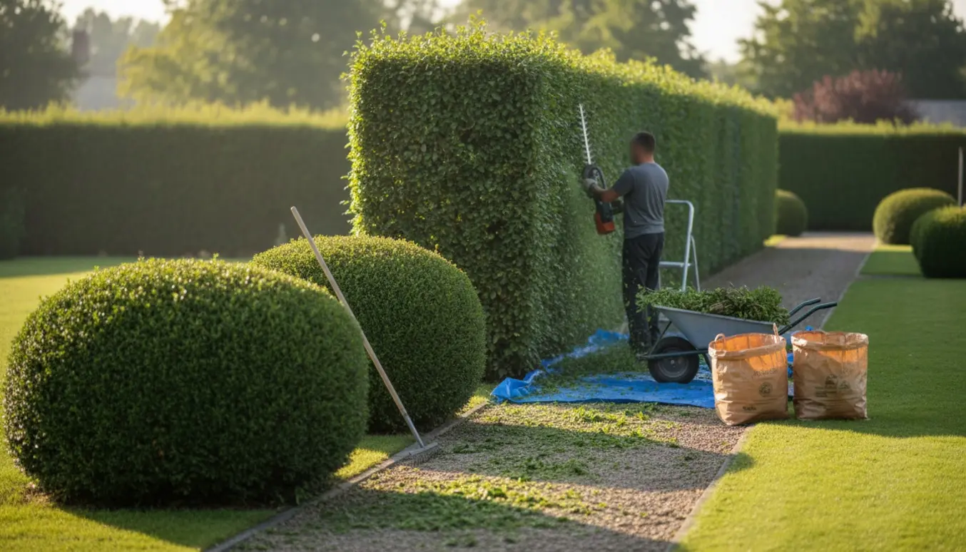 To nyslåede hække i en have, en gartner set bagfra samler afklip op i en trillebør.