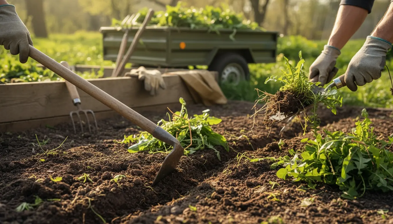 Hænder i handsker fjerner ukrudt med hakke og skuffejern i et bed, med en trailer fyldt med plantaffald i baggrunden.