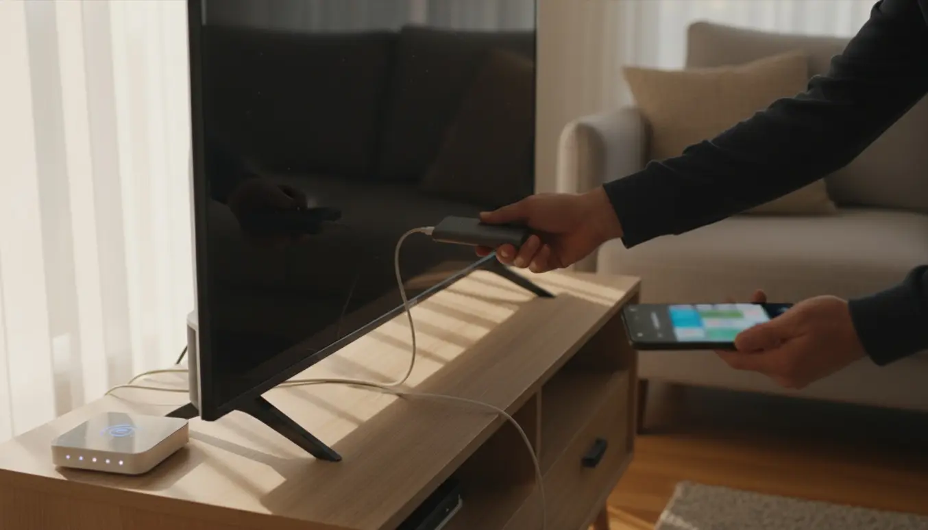 En hånd sætter en Chromecast-dongle i TV'ets HDMI-port med telefon og router i baggrunden.