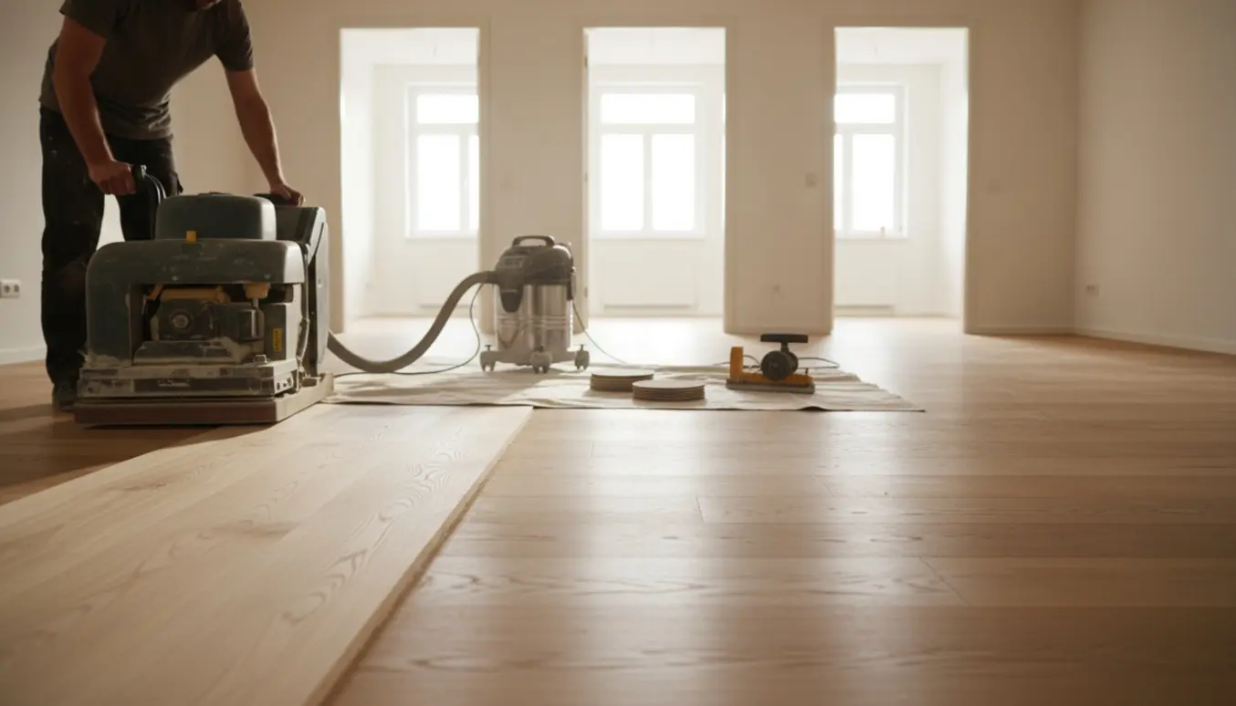 Let slibning af trægulv i tomme værelser med synlig før-og-efter-strip og støvopsugning.