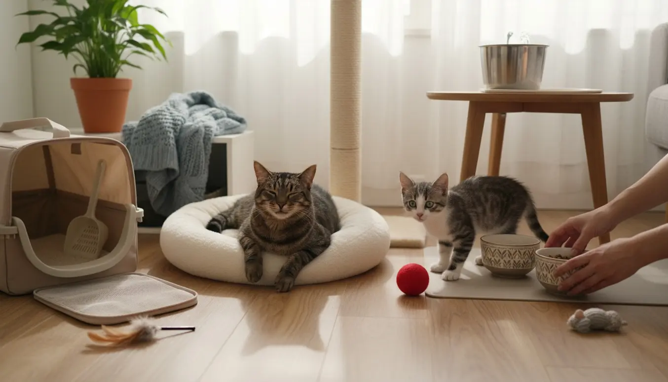 To indendørs hunkatte, en voksen stribet og en lille grå-hvid killing, ved madskål og kattebakke mens en kattepasser rækker en hånd ind.