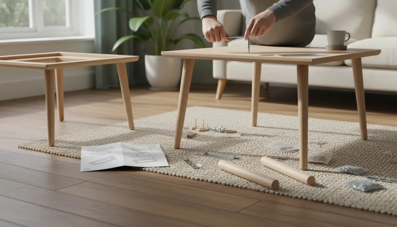 Hænder monterer et Tonstad sofabord i en lys stue med værktøj og dele på gulvet.