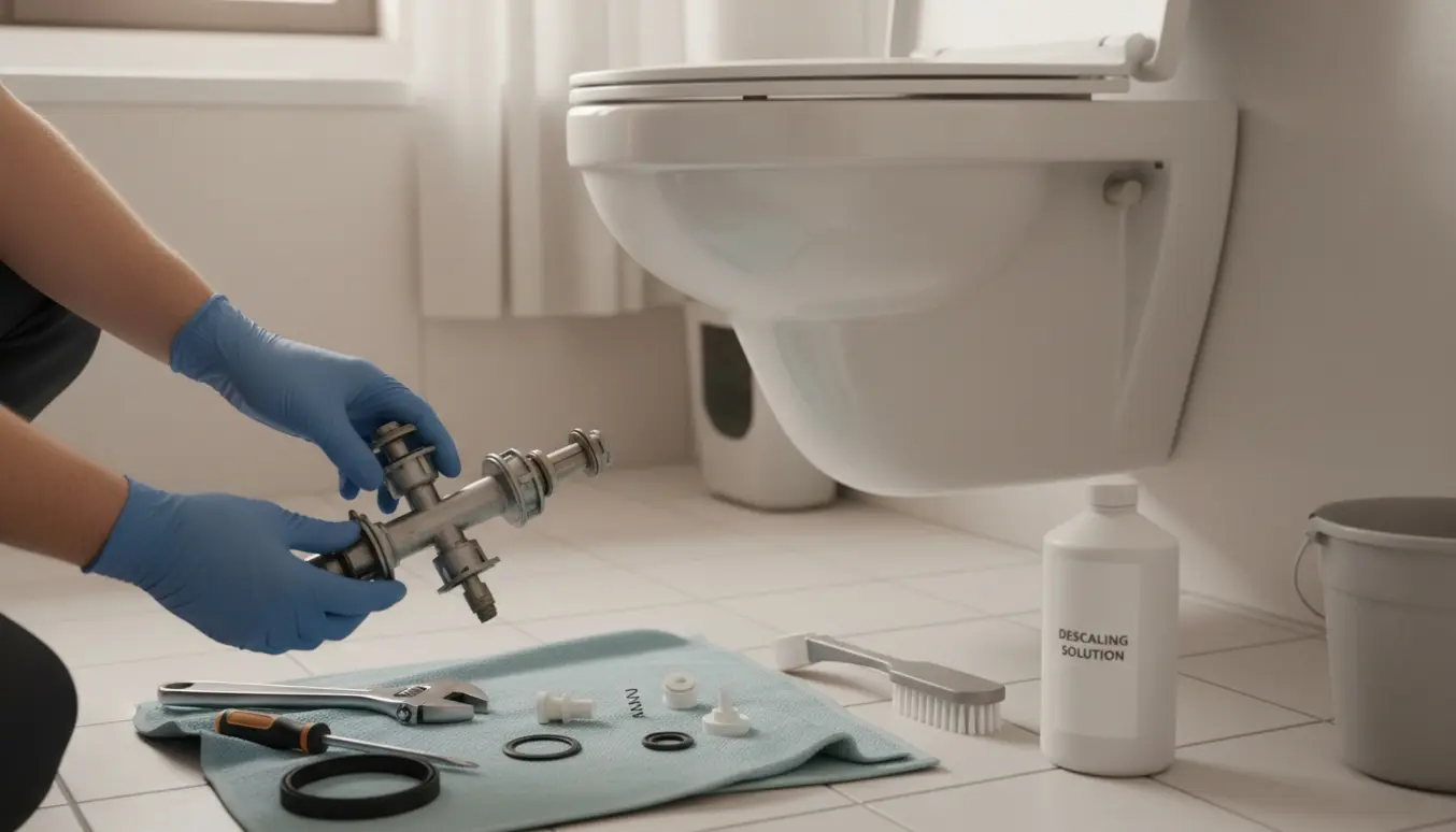 Hænder rengør afmonterede ventiler og pakninger fra en væghængt toiletcisternens frontadgang med værktøj ved siden af.