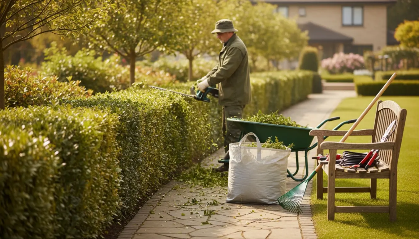 En havearbejder trimmer en lav, blandet hæk på omkring 1,3 m og samler afklip i en trillebør.