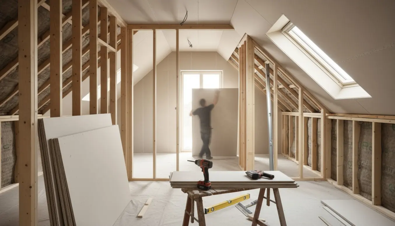 Indvendigt foto af et loftrum med skrå lofter, hvor tømrere monterer Fermacell-plader på vægge og loft.