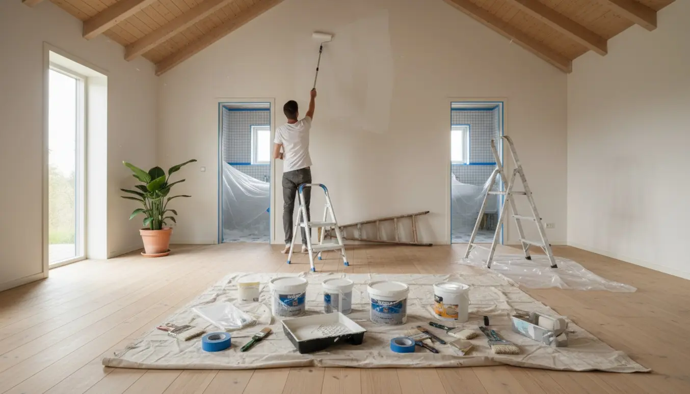 Indvendigt sommerhus med højloft, malergrej på afdækning og en maler i profil, der maler væggen med forlængerrulle.