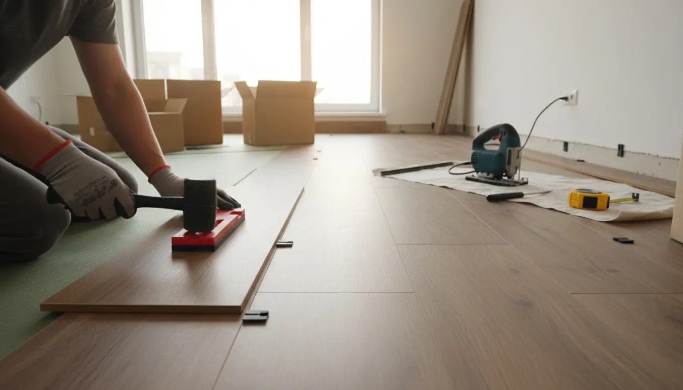 Delvist installeret klikgulv i et lyst rum med værktøj og hænder, der placerer en planke.