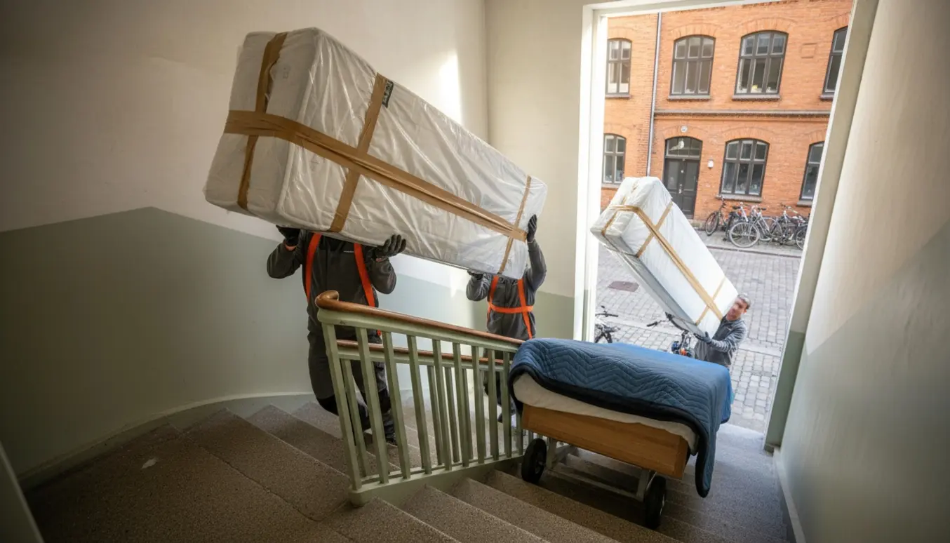 Flyttemænd bærer en delt dobbeltseng ned ad en soloplyst opgang med udsigt til en københavnsk gade.
