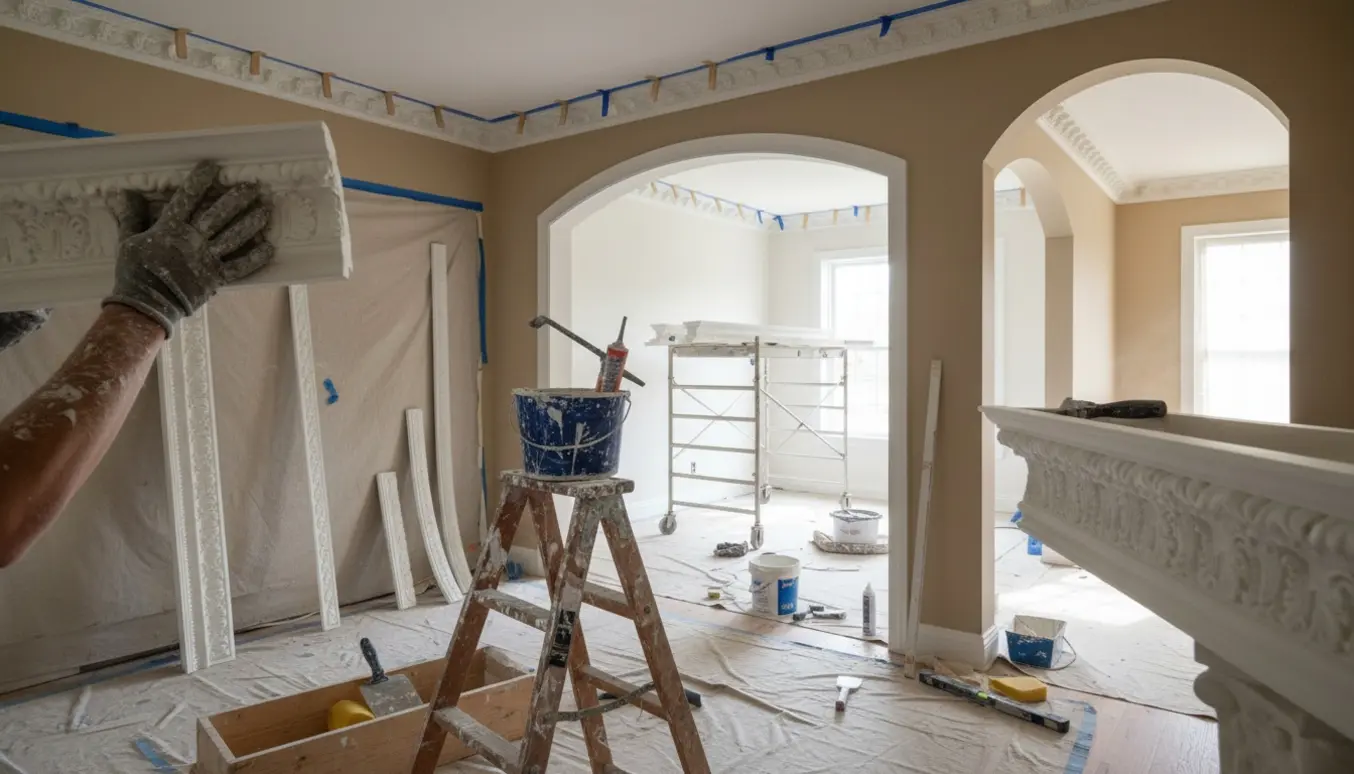 Hænder monterer hvid stuk i lofterne på tre sammenhængende rum med stige og værktøj.