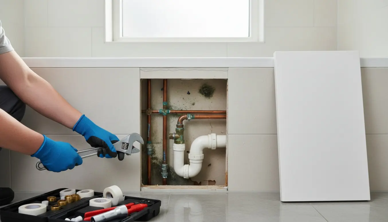 Badekar trukket væk fra væggen med synlige rør, hånd med fugepistol tætner karmen, værktøj og nyt panel klar til montering.