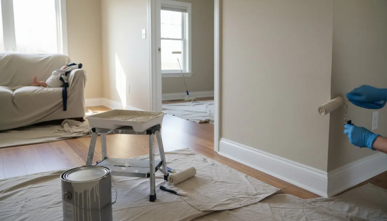 Hænder maler et lyst køkken-alrum med frisk hvid gerigt, malerværktøj og en baby-slynge i nærheden.