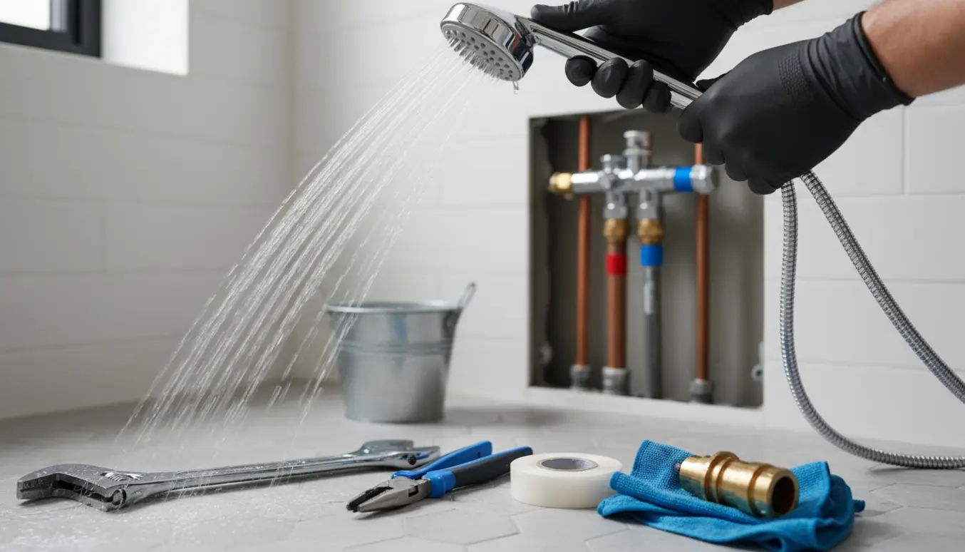 Nærbillede af en blikkenslager, der undersøger en bruser med kraftig kold stråle og svag varm stråle, værktøj og udskiftningsdel på fliserne.