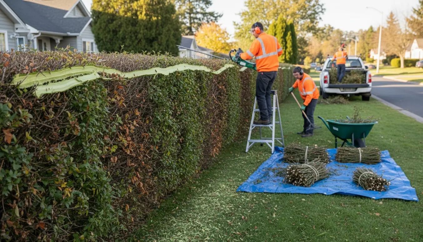 To personer trimmer toppen af en lang tjørnehæk og samler afklip til bortkørsel.