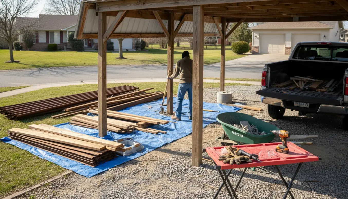 Nedtagning af gammel carport med tagplader, stolper og værktøj ved indkørslen.