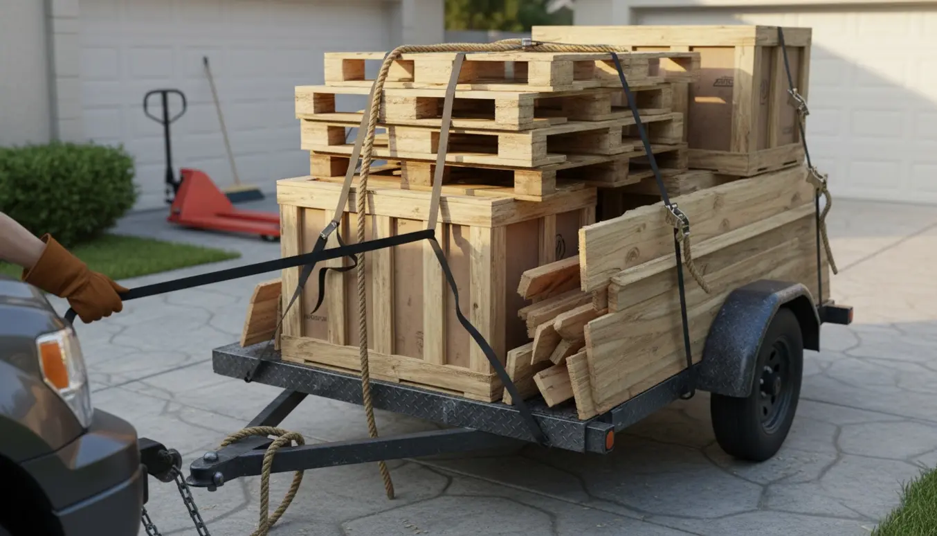 Trailer fyldt med træemballage (paller og kasser) sikret med stropper klar til bortkørsel.