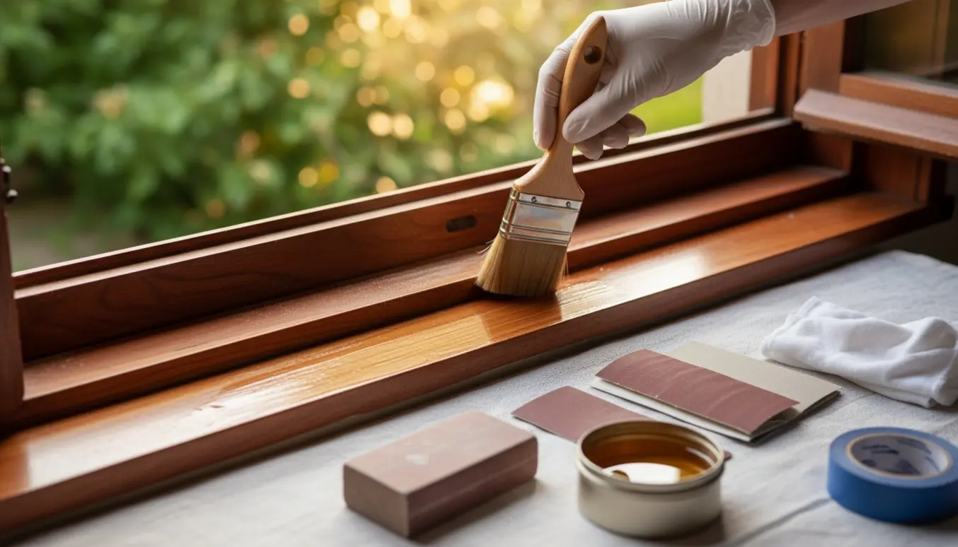 Nærbillede af hænder, der påfører træbeskyttelse på et nyslebet mahognivindue i naturligt dagslys.