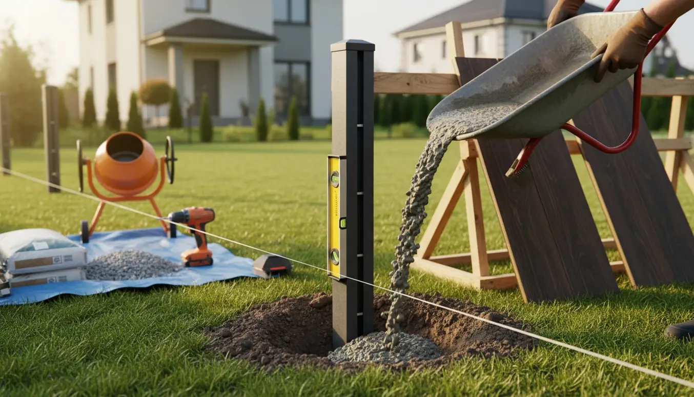 Stolpe til komposithegn støbes i jorden ved et hus med beton og værktøj omkring.