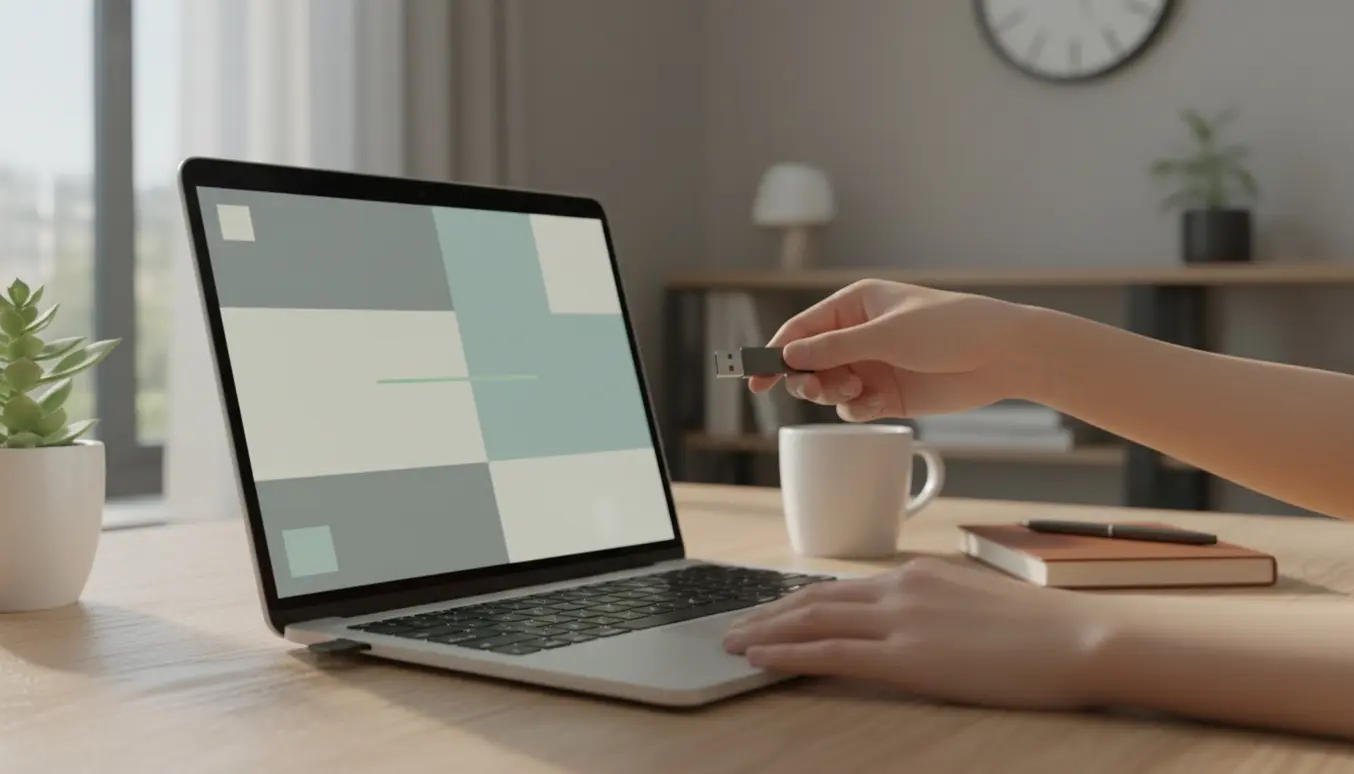 Hænder tilslutter en USB-stick til en bærbar på et hjemmekontor for at installere en kontorpakke.
