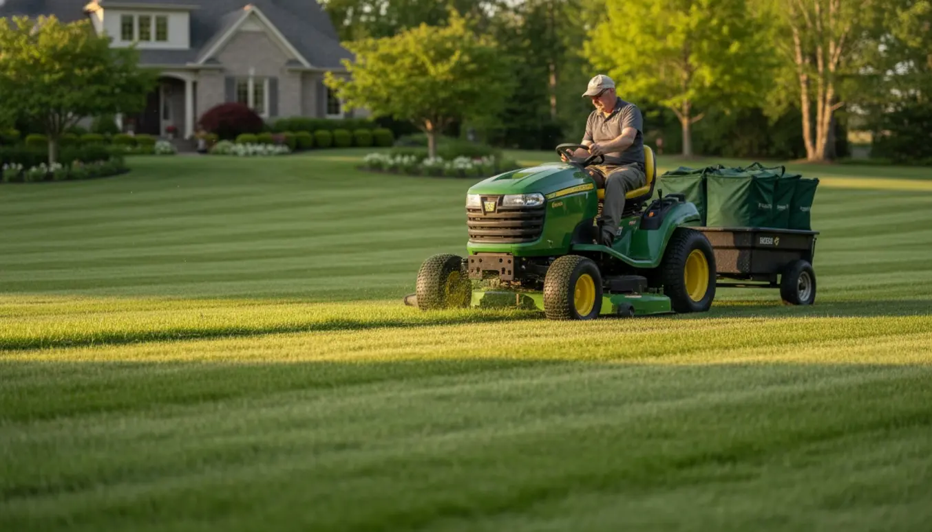 Havetraktor slår græs på en stor, velplejet plæne i blødt forårslys.