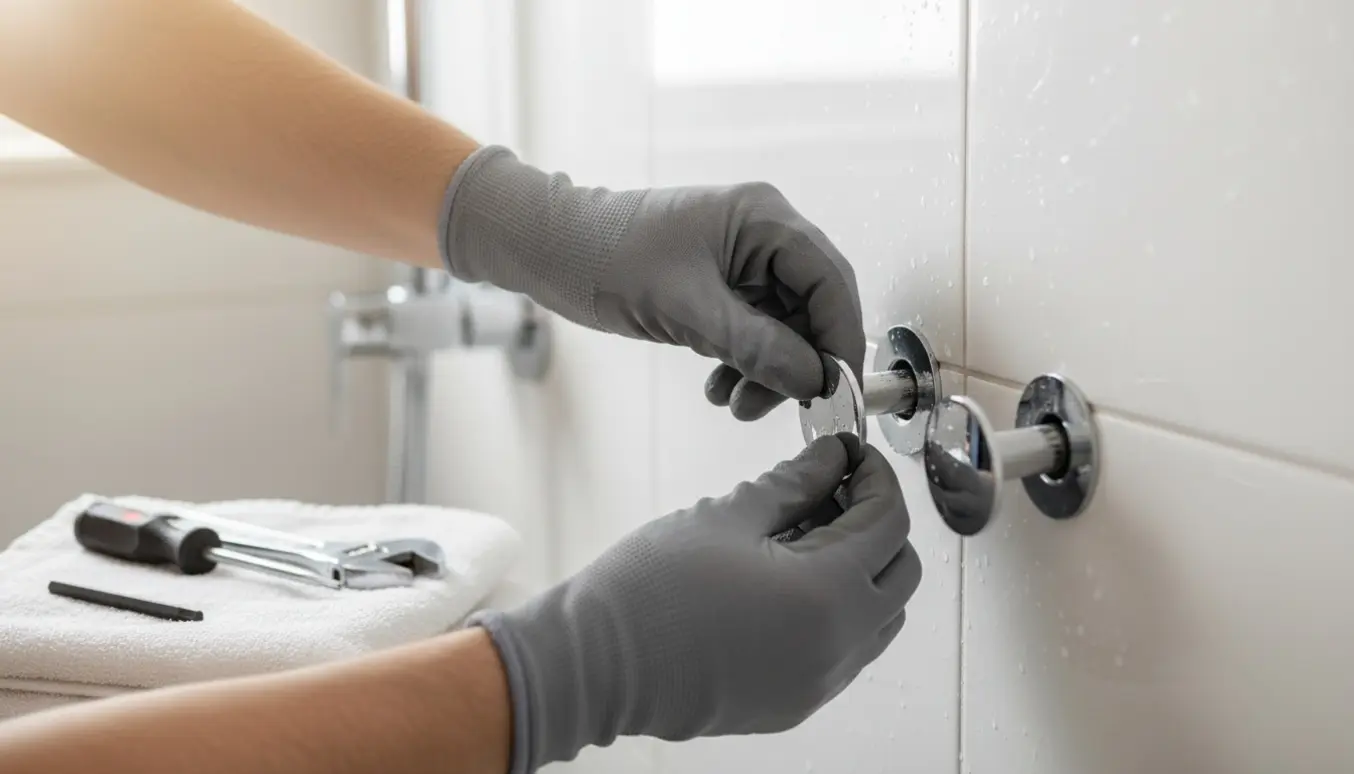 Nærbillede af hænder, der monterer små kromrosetter omkring rør ved et brusebatteri på flisevæg.