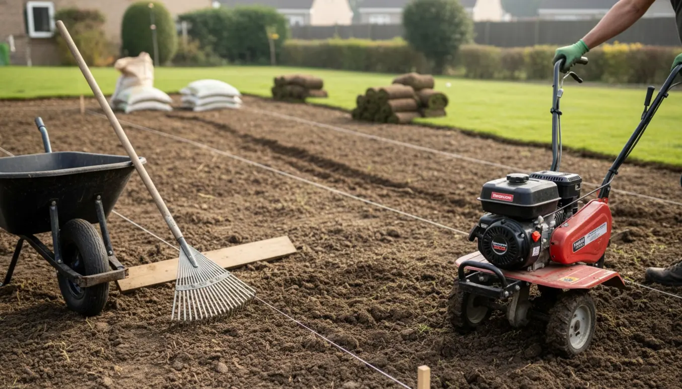 Nyfræset baghave med havefræser, rullegræs og redskaber klar til planering.