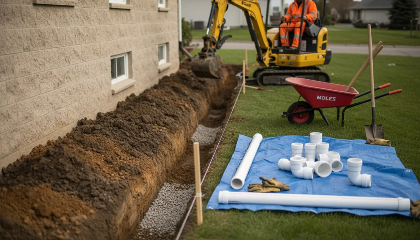 En minigraver graver en lang, smal rende langs et hus med PVC-rør og værktøj ved siden af.