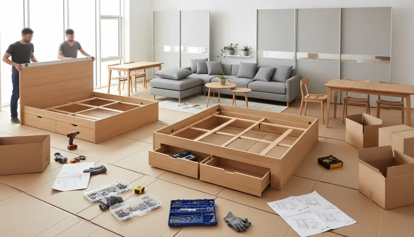 Halvt samlet skandinavisk stue med møbeldele, værktøj og åbne papkasser klar til samling.