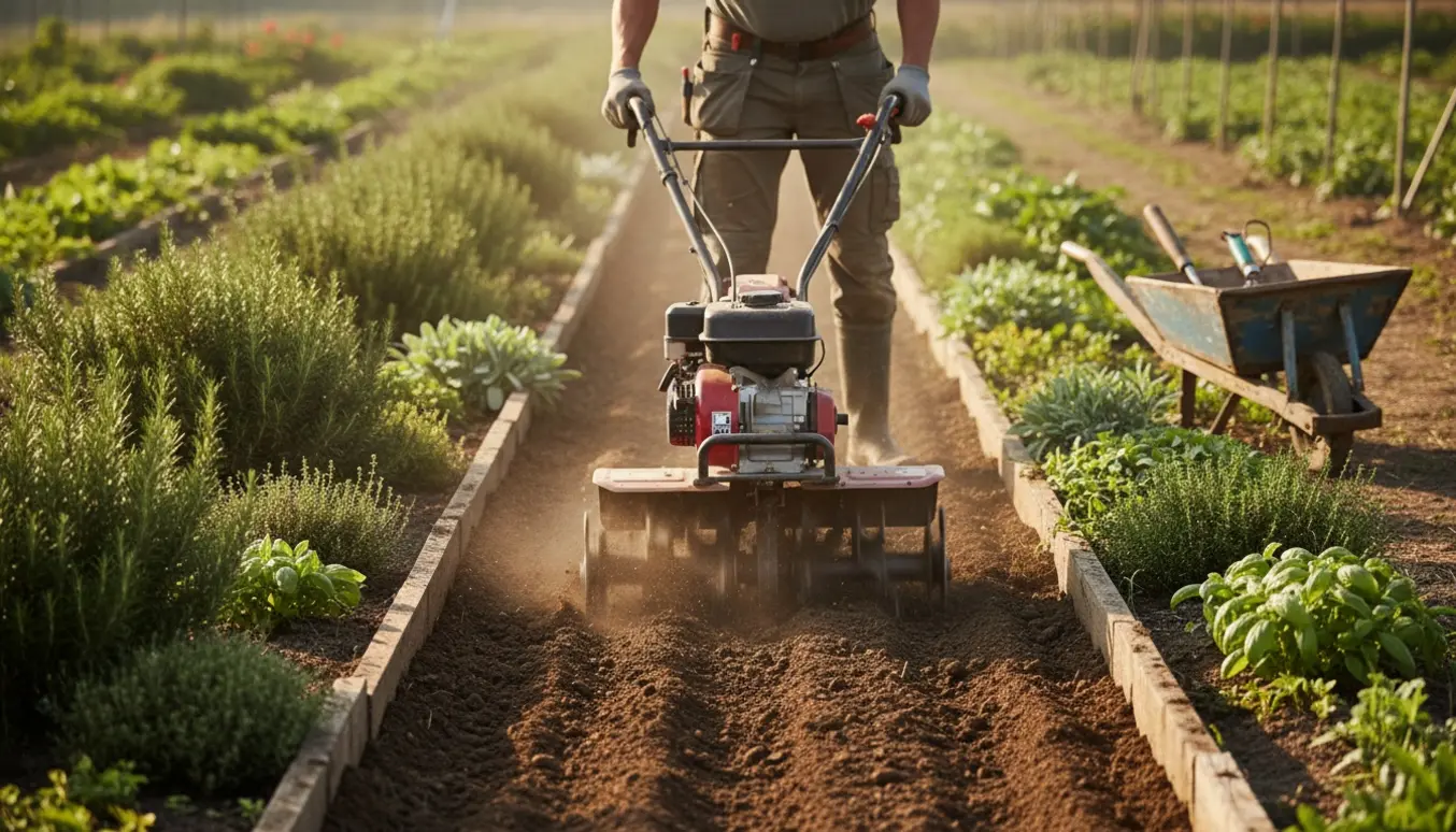 En havfræser vender jord i et langt, smalt urtebed med krydderurter langs kanterne.