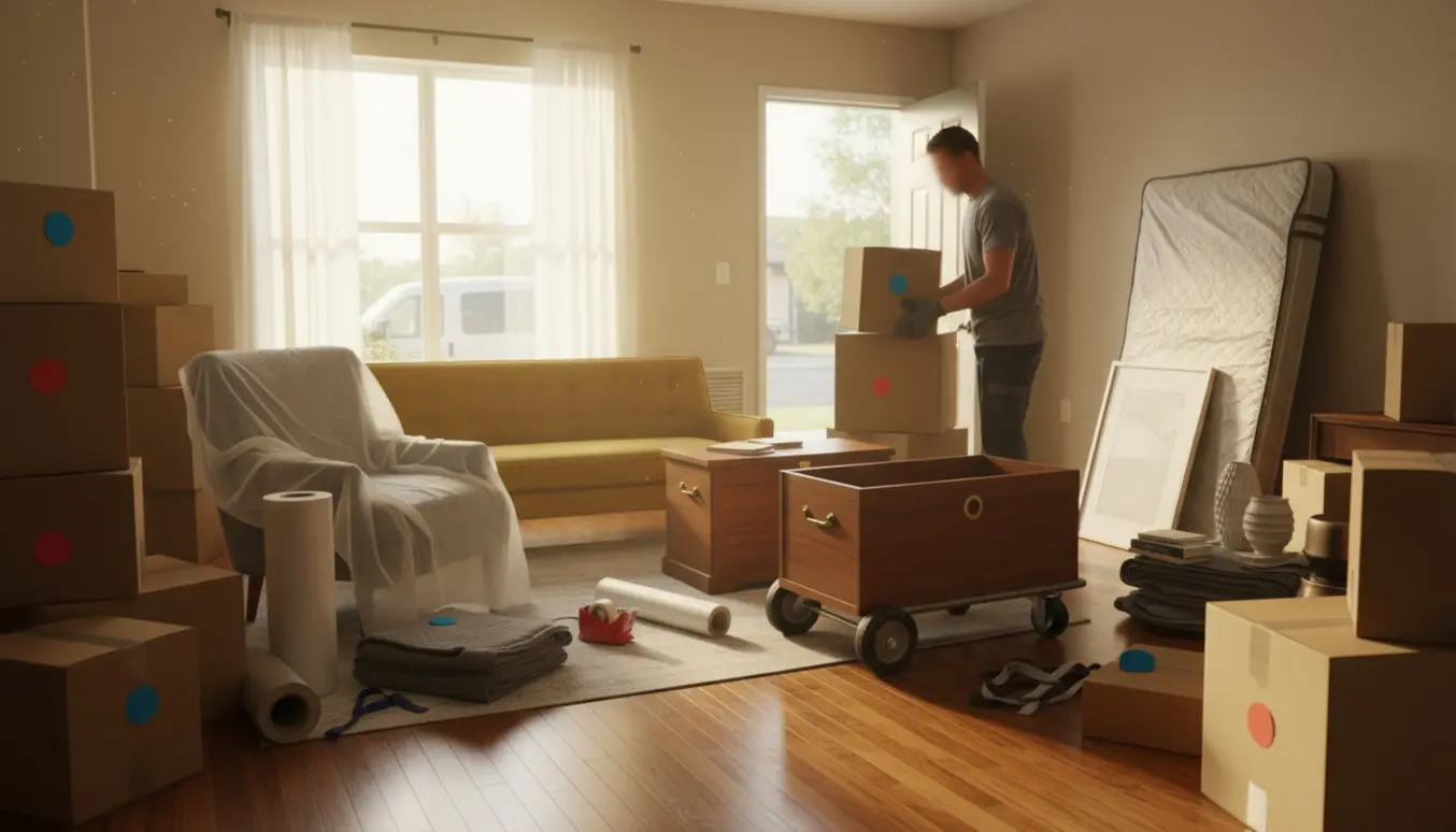 Lejlighed tømmes med møbler, indpakkede kasser og flytteudstyr i blødt morgenslys.