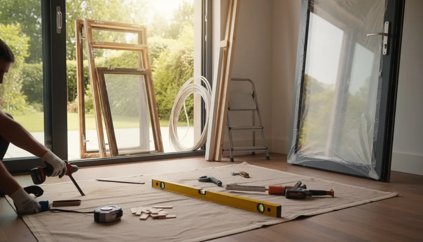 Ny yderdør læner mod væggen ved en åben døråbning, mens værktøj og et delvist fjernet vinduesparti ligger klar.