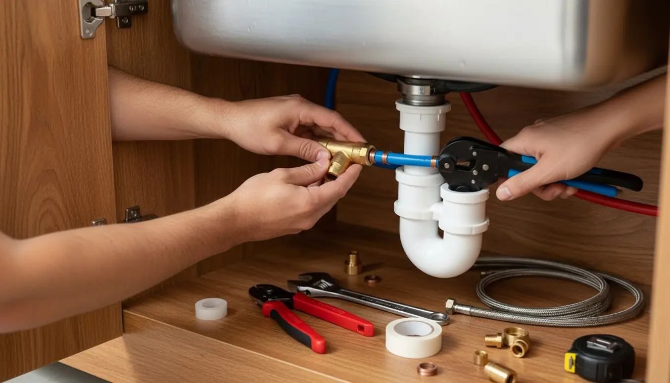 Under køkkenvasken ses hænder, der udskifter et T-stykke og tilslutter rød/blå PEX-slanger under en køkkenrenovering.