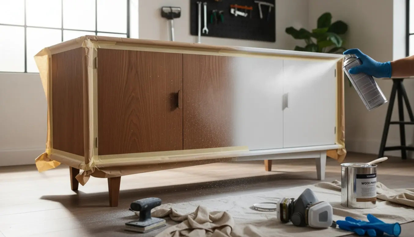 Nærbillede af en skænk, hvor en hånd i handske sprayer den hvid med afdækning og værktøj i et lyst værksted.