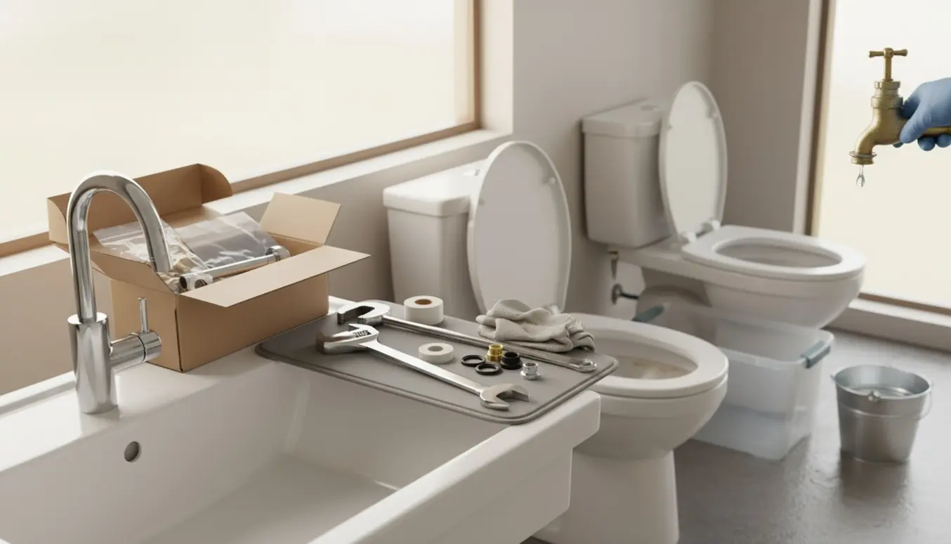 VVS-arbejde i et badeværelse med nye kromarmaturer, åben toiletcisterne og dryppende udendørshan.