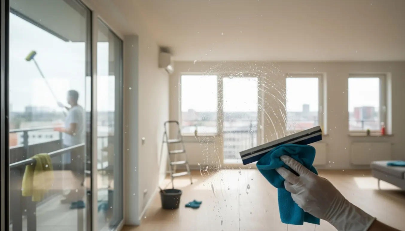 Erfaren vinduespudser pudser ind- og udvendige vinduer i en lys lejlighed med forlængerskaft og squeegee.