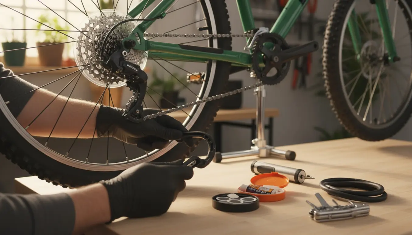 En børne-MTB med punkteret baghjul på et værkstedsbord omgivet af lappegrej.