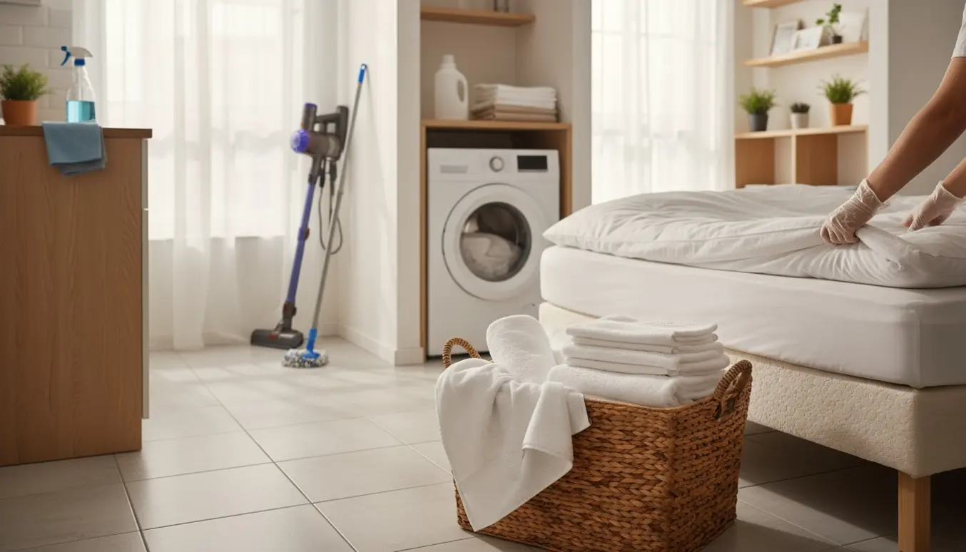 Lys Airbnb-lejlighed med opredt seng, kurv med nyvaskede håndklæder og åben vaskemaskine.