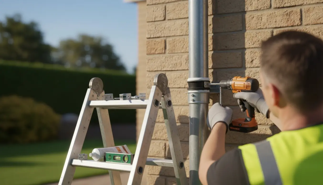 En arbejder på en stige monterer et nedløbsrør cirka fire meter op ad husmuren.