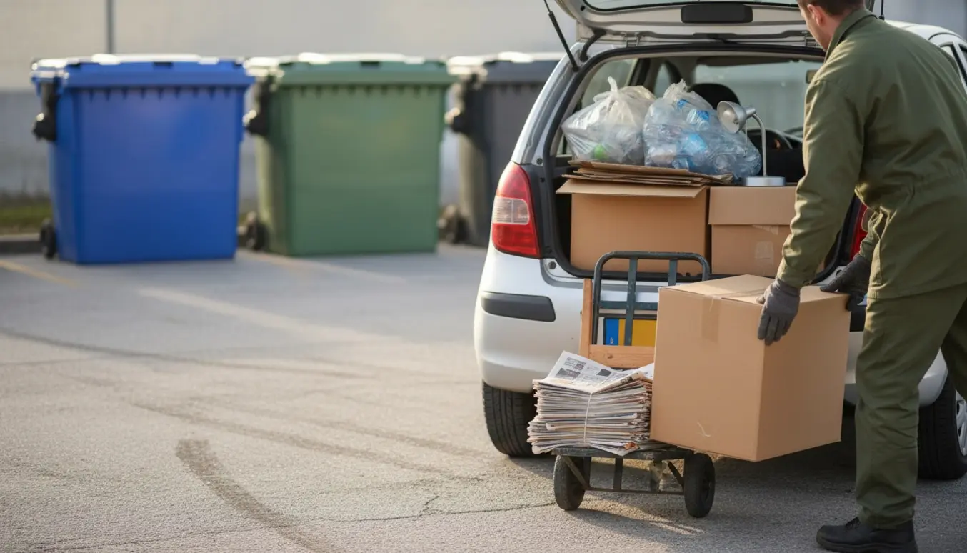 Bil med åbent bagagerum ved genbrugsplads, en person læsser sorteret husstandsaffald i farvede beholdere.