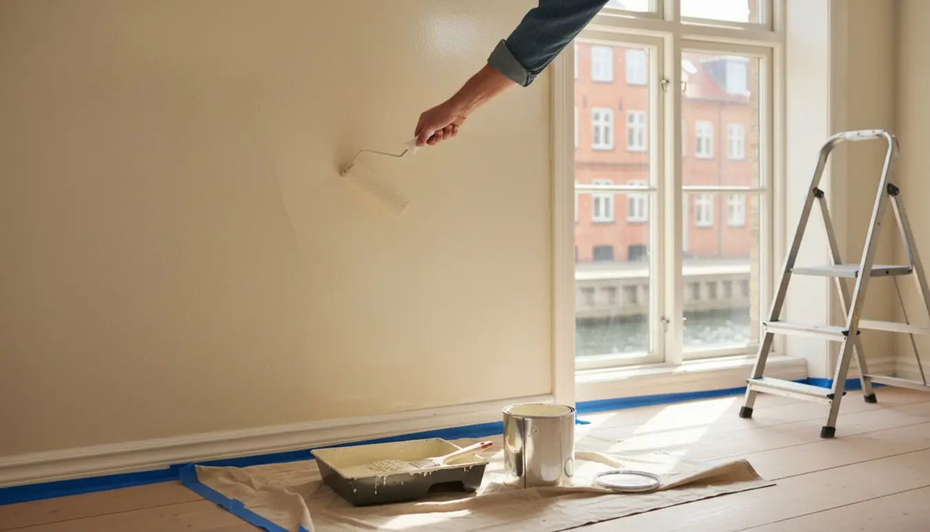 Hænder maler en halvfærdig væg i en lys Christianshavn-lejlighed med malerudstyr og stige.