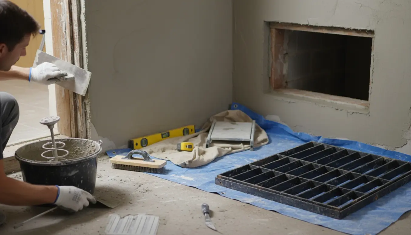 Nærbillede af hænder, der pudser væg og skakt til en kælderlyskasse klar til montering af en rist.