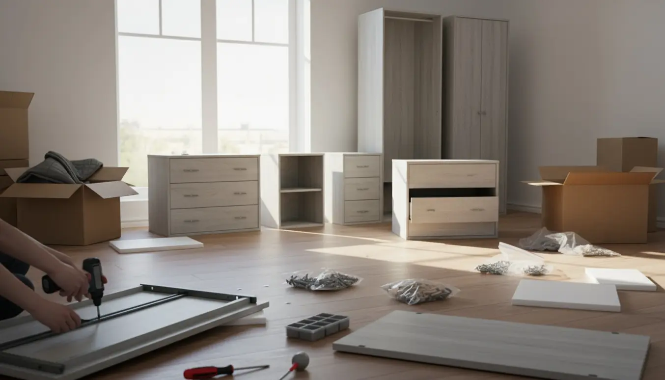 Hænder samler flere flatpack-kommoder og et garderobeskab i et lyst tomt rum før indflytning.