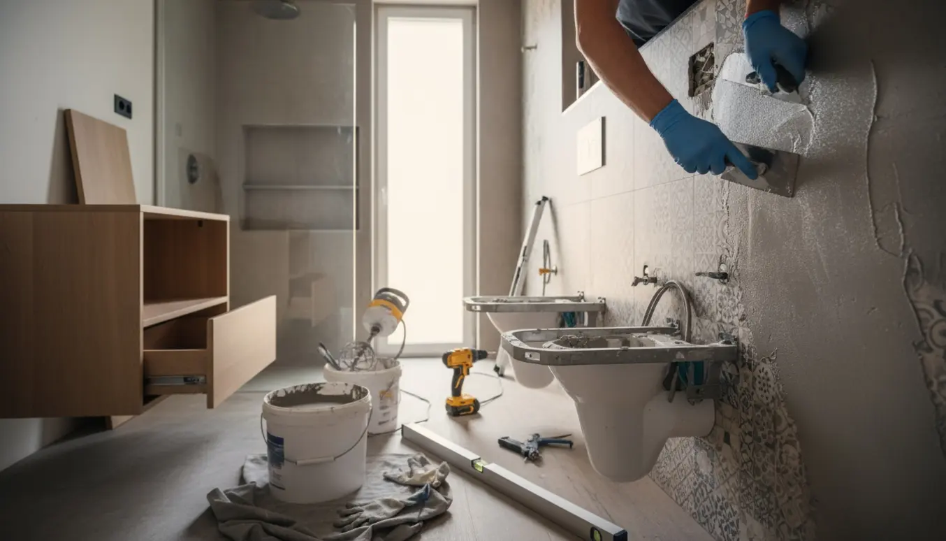 Badeværelse under renovering med microcement på fliser, nyt væghængt toilet og delvist monteret baderumsmøbel.