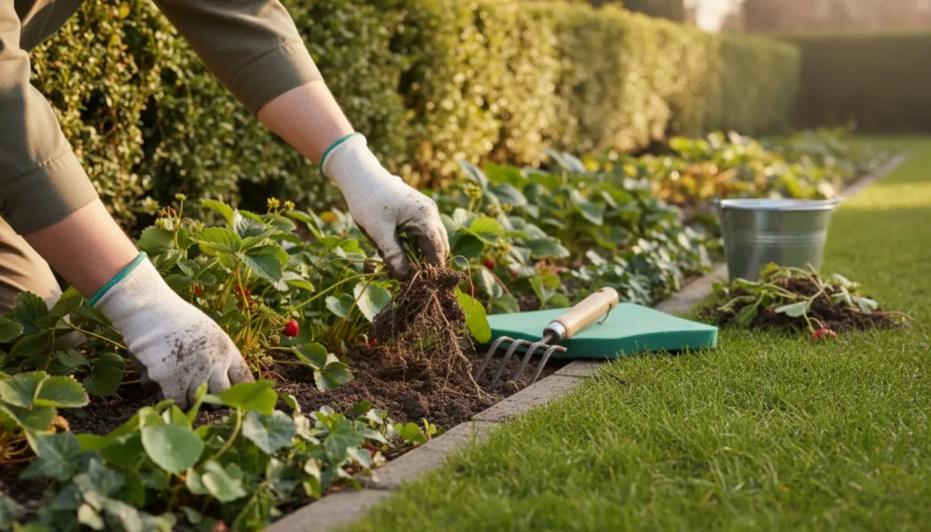 Hænder i handsker luger ukrudt mellem jordbær og erantis ved en hæk.