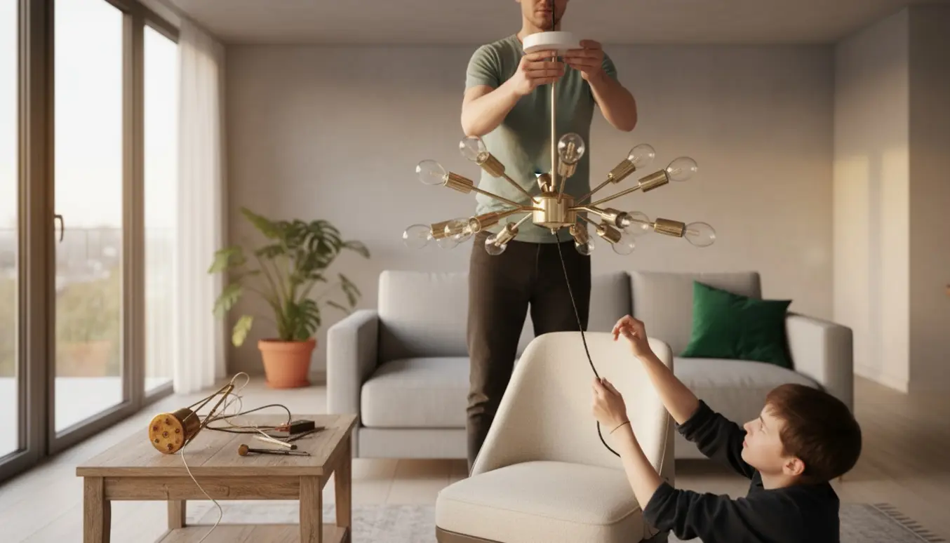 To personer monterer en FLOS 2097/18-lampe i et højloftet stue, kun hænder synlige, den gamle lampe ligger på et bord.