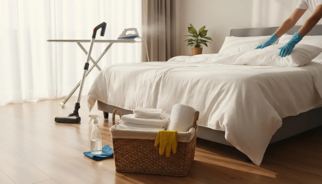 Hænder gør rent og skifter sengetøj i et lyst, ryddeligt gæsteværelse med en kurv med nyvasket vasketøj.