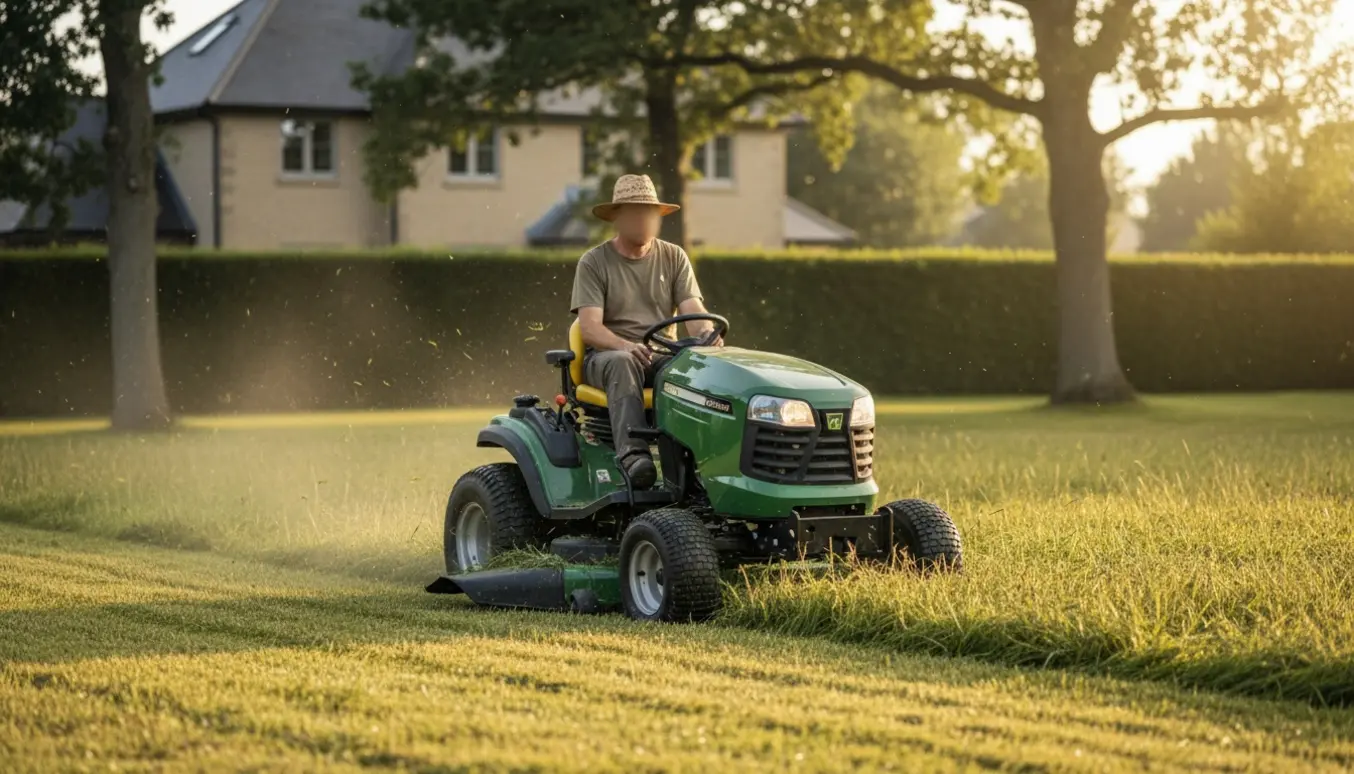 En havetraktor klipper højt græs på en stor villagræsplæne i blødt eftermiddagslys.