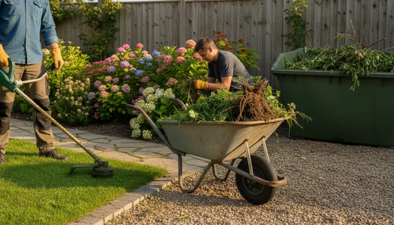 Kantklipning af græs, ukrudtslugning og en trillebør læsset med grønt affald på vej mod en havecontainer.